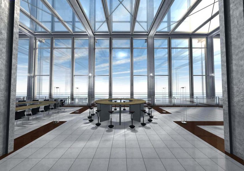 Visualisierung eines Konferenzraumes mit einer großen Glasfront