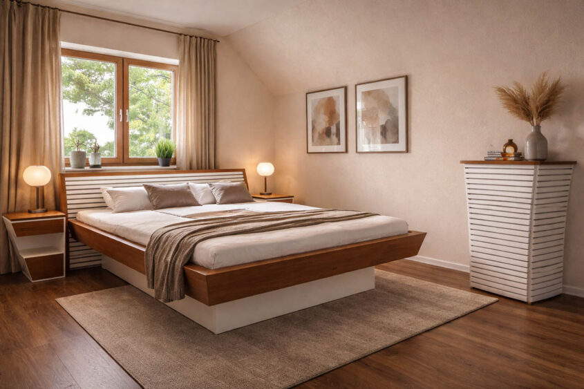 Hochwertiges Schlafzimmerdesign mit schwebendem Bett, warmem Holz und eleganten beigen Wänden