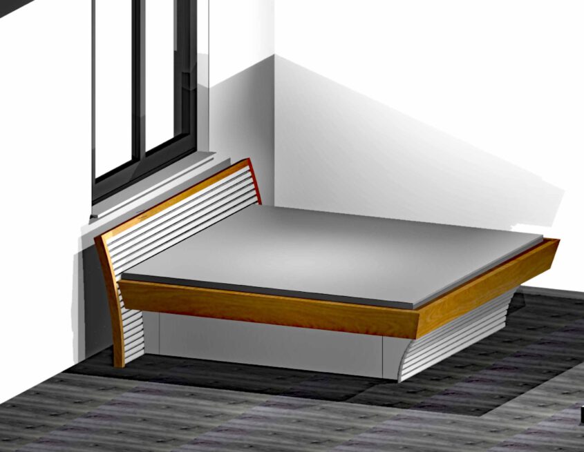 Schlafzimmer nach Maß mit schwebendem Bett und Sideboard in modernem, warmem Design eine Raumvisualisierung